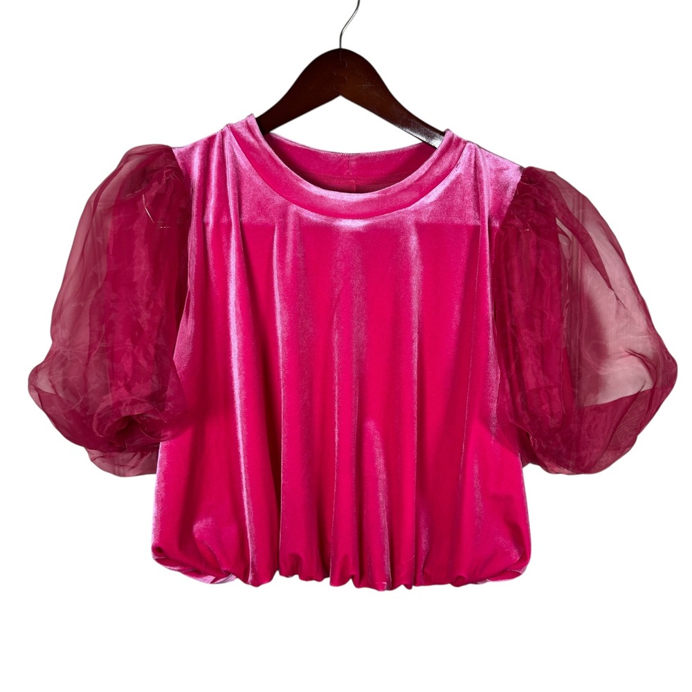 Maeve Hot Pink Velvet Top with Sheer Puff Sleeves